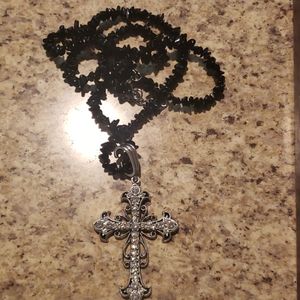 Black rock bead and rhinestone cross necklace